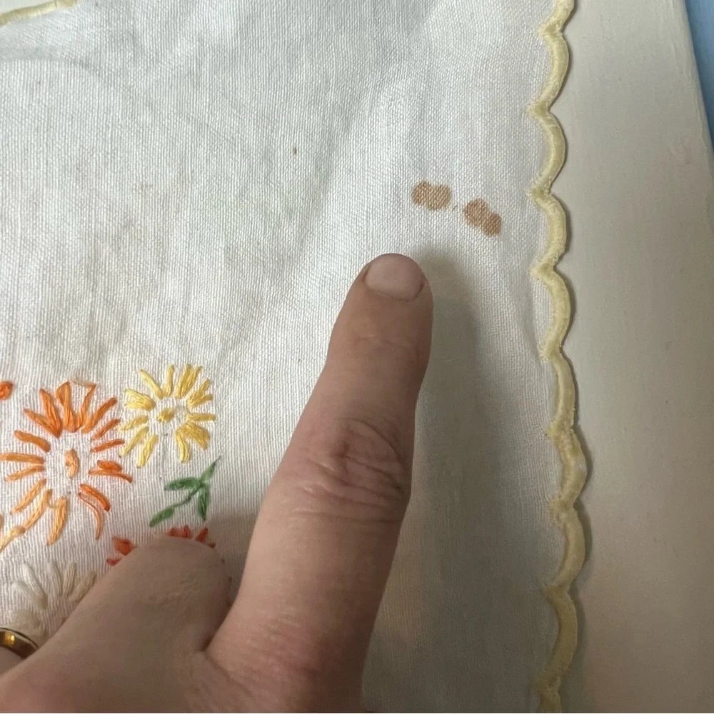 Vintage Hand Embroidered Square Table‎ Cloth Floral 35”x35” White Orange Yellow